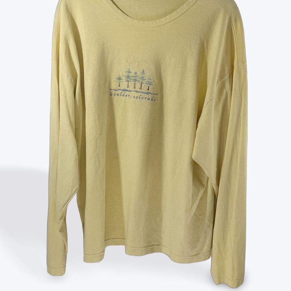 Yellow Long Sleeve Graphic Tee Boulder Colorado Pine Tree Granola Cotton XL